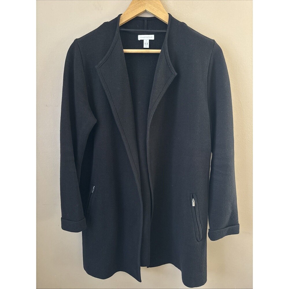 Charter Club Women’s M Black Long Cardigan Zip Front Pockets Soft Sweater
